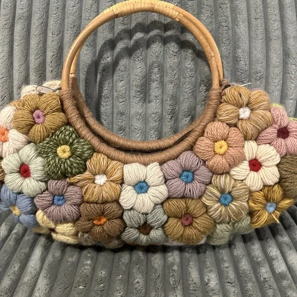 JP & Mattie Handbag Purse Quilt Crochet Vintage Boho Bamboo Handles Multicolor - Picture 7 of 14